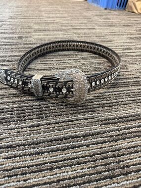 Nocona Black Western Rhinestone Belt with Silver Floral Buckle